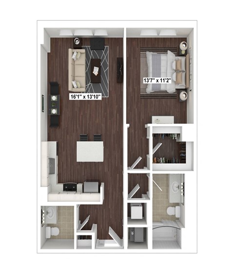 Floor plan for 1 bed, 1.5 baths, 842 sqft