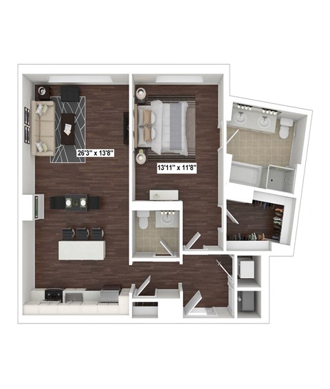 Floor plan for 1 bed, 1.5 baths, 921 sqft