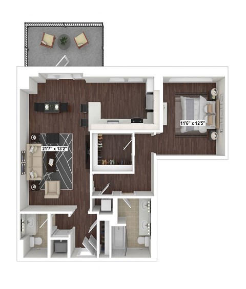Floor plan for 1 bed, 1.5 baths, 972 sqft
