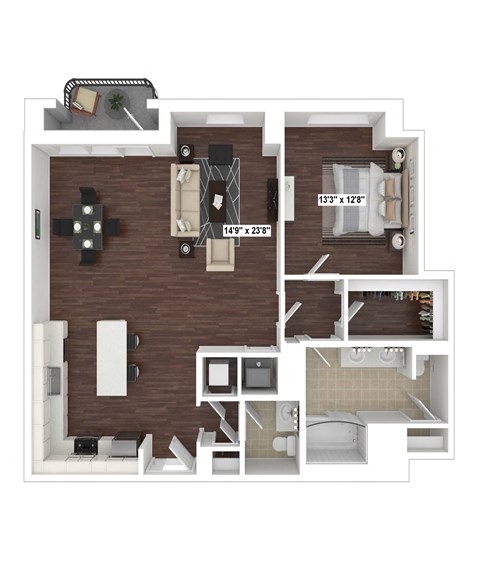 Floor plan for 1 bed, 1.5 baths, 1184 sqft