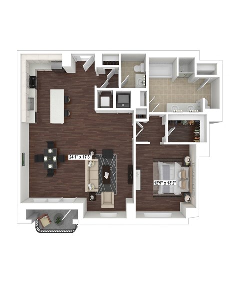 Floor plan for 1 bed, 1.5 baths, 1184 sqft