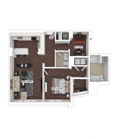 Floor plan for 1 bed, 1.5 baths, 1084 sqft