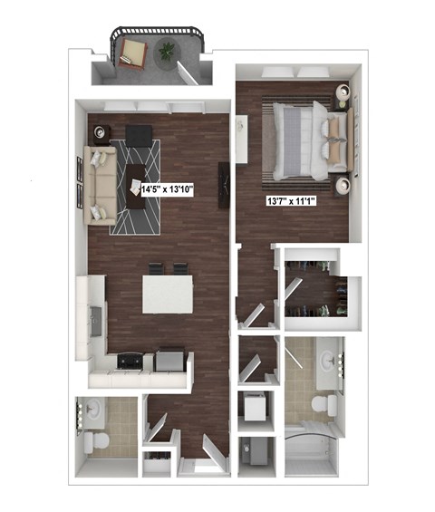 Floor plan for 1 bed, 1.5 baths, 809 sqft