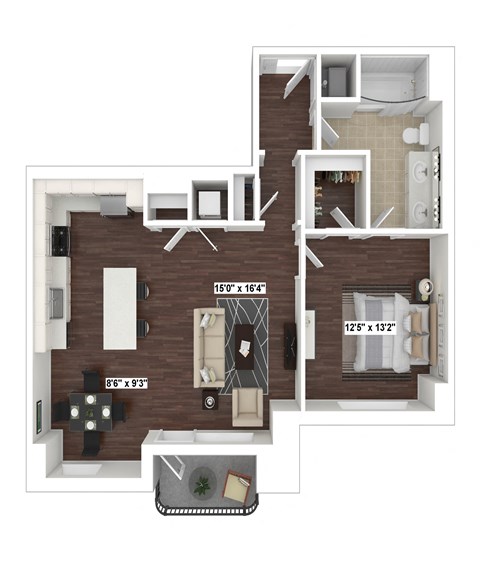 Floor plan for 1 bed, 1.5 baths, 952 sqft
