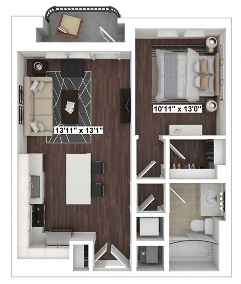 Floor plan for 1 bed, 1 bath, 781 sqft