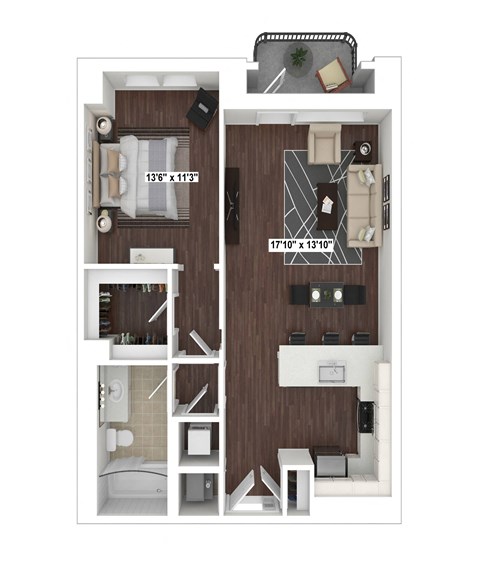 Floor plan for 1 bed, 1 bath, 808 sqft