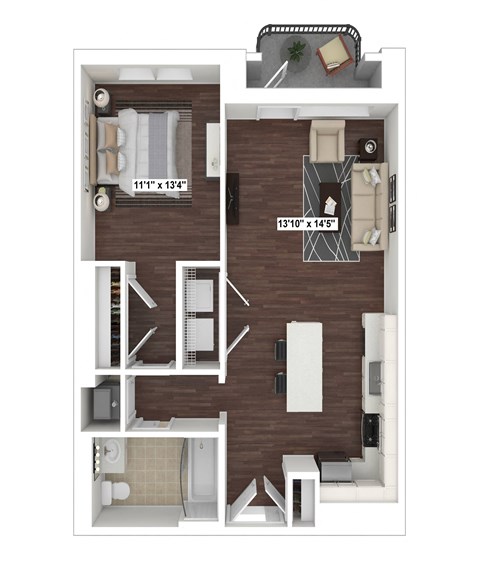 Floor plan for 1 bed, 1 bath, 842 sqft