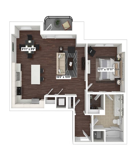 Floor plan for 1 bed, 1 bath, 908 sqft