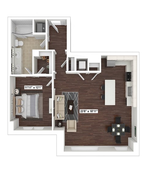 Floor plan for 1 bed, 1 bath, 952 sqft