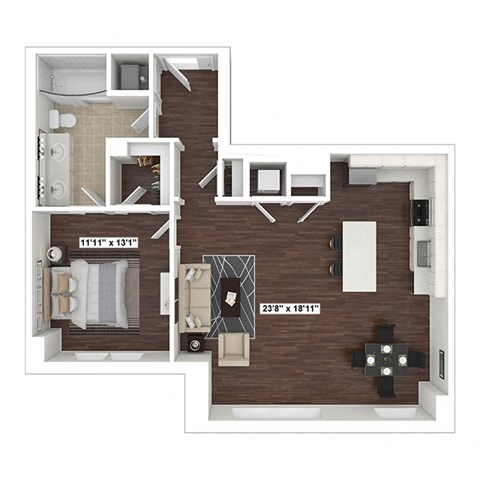 Floor plan for 1 bed, 1 bath, 952 sqft