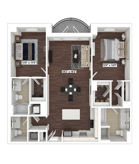 Floor plan for 2 beds, 2.5 baths, 1230 sqft
