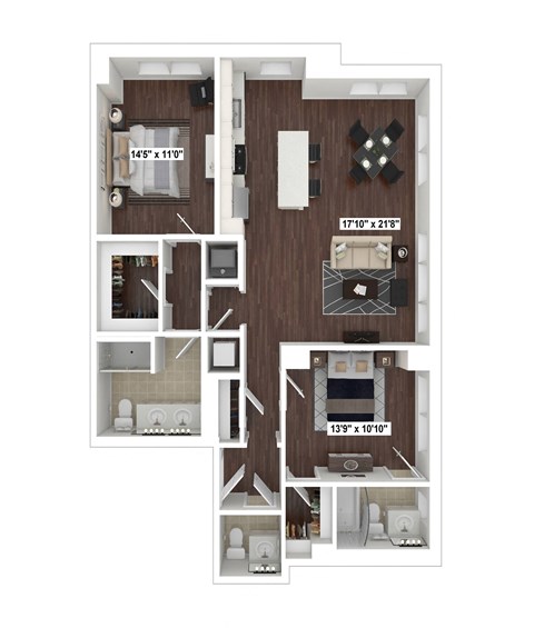 Floor plan for 2 beds, 2.5 baths, 1255 sqft