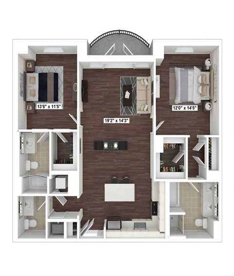 Floor plan for 2 beds, 2.5 baths, 1268 sqft
