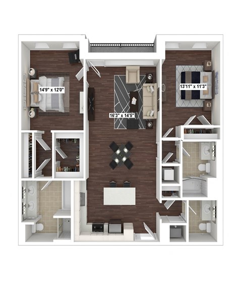 Floor plan for 2 beds, 2.5 baths, 1302 sqft