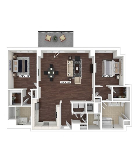 Floor plan for 2 beds, 2.5 baths, 1626 sqft
