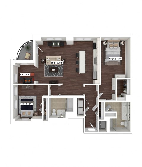 Floor plan for 2 beds, 2 baths, 1334 sqft