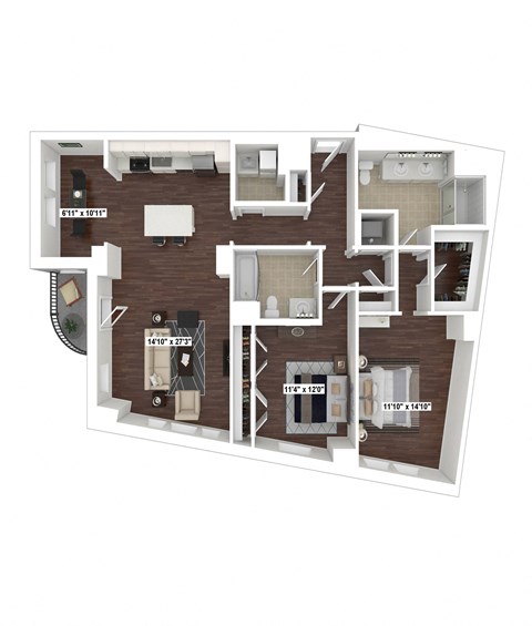 Floor plan for 2 beds, 2 baths, 1391 sqft