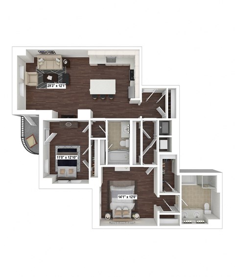 Floor plan for 2 beds, 2 baths, 1220 sqft