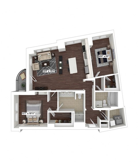 Floor plan for 2 beds, 2 baths, 1217 sqft