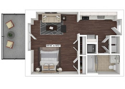 Floor plan for studio, 1 bath, 622 sqft
