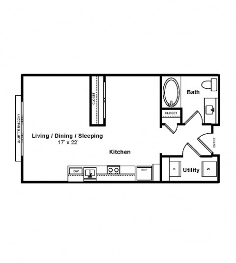 Floor plan for studio, 1 bath, 555 sqft
