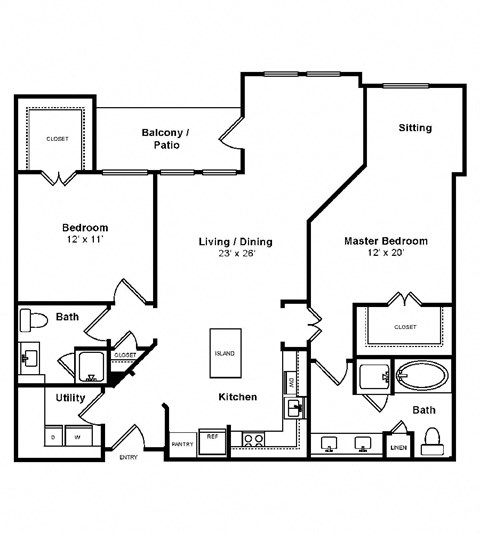 Floor plan for 2 beds, 2 baths, 1230 sqft