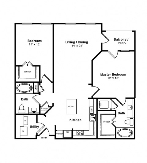 Floor plan for 2 beds, 2 baths, 1114 sqft