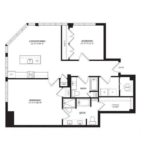 Floor plan for 2 beds, 2 baths, 1458 sqft