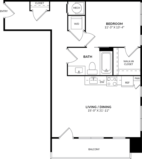 Floor plan for 1 bed, 1 bath, 947 sqft