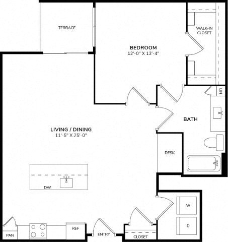 Floor plan for 1 bed, 1 bath, 858 sqft