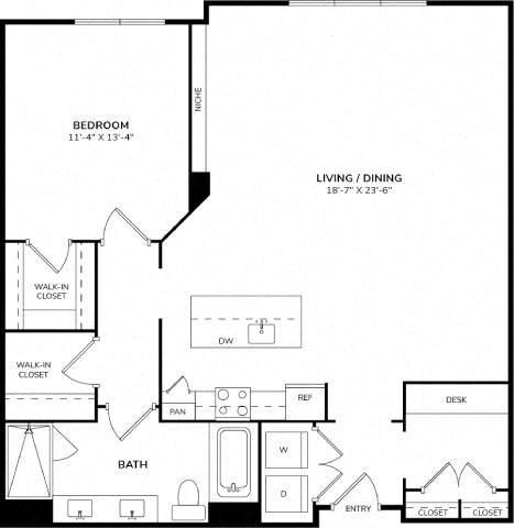 Floor plan for 1 bed, 1 bath, 1044 sqft