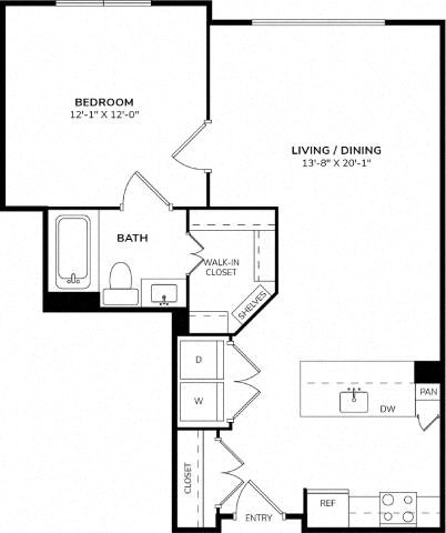 Floor plan for 1 bed, 1 bath, 700 sqft