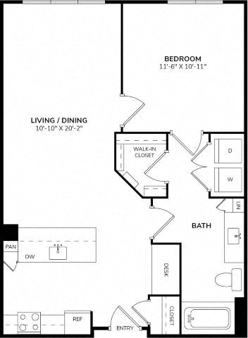 Floor plan for 1 bed, 1 bath, 736 sqft