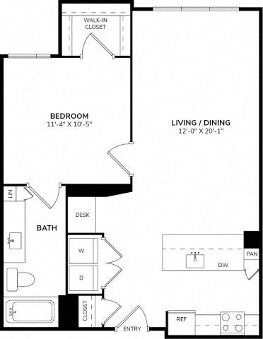 Floor plan for 1 bed, 1 bath, 726 sqft