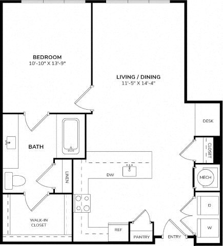 Floor plan for 1 bed, 1 bath, 810 sqft