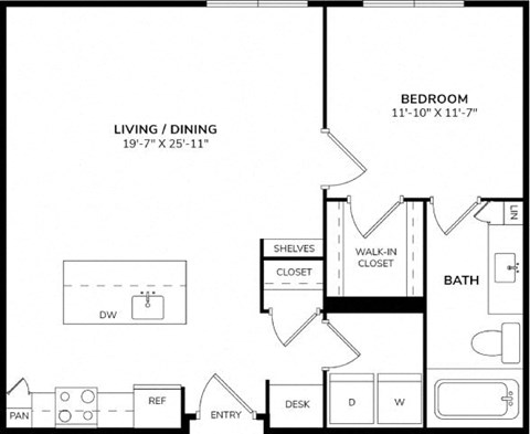 Floor plan for 1 bed, 1 bath, 846 sqft