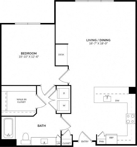 Floor plan for 1 bed, 1 bath, 830 sqft