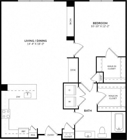 Floor plan for 1 bed, 1 bath, 873 sqft