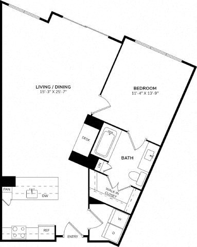 Floor plan for 1 bed, 1 bath, 864 sqft