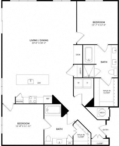 Floor plan for 2 beds, 2 baths, 1462 sqft