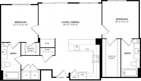 Floor plan for 2 beds, 2 baths, 1049 sqft