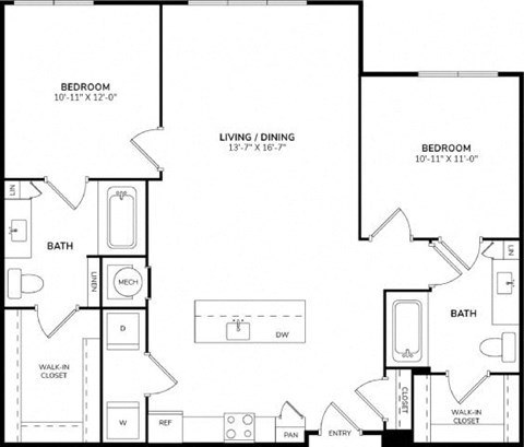 Floor plan for 2 beds, 2 baths, 1080 sqft