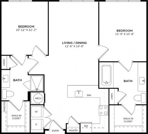 Floor plan for 2 beds, 2 baths, 1105 sqft