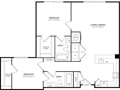 Floor plan for 2 beds, 2 baths, 1155 sqft