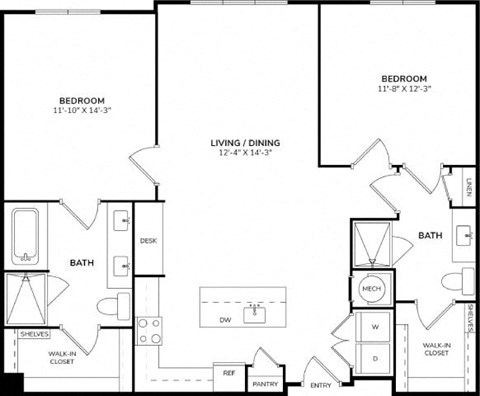 Floor plan for 2 beds, 2 baths, 1181 sqft