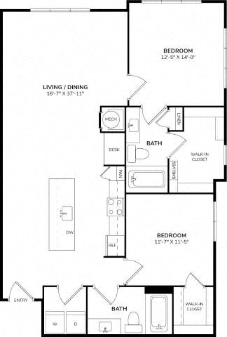 Floor plan for 2 beds, 2 baths, 1288 sqft