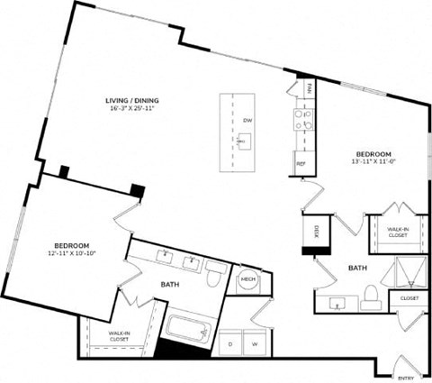 Floor plan for 2 beds, 2 baths, 1311 sqft