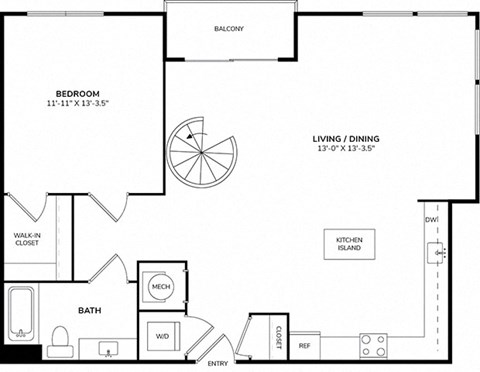 Floor plan for 1 bed, 1 bath, 871 sqft