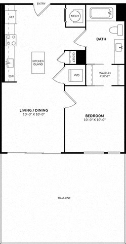 Floor plan for 1 bed, 1 bath, 576 sqft