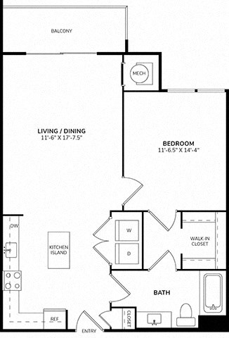 Floor plan for 1 bed, 1 bath, 734 sqft
